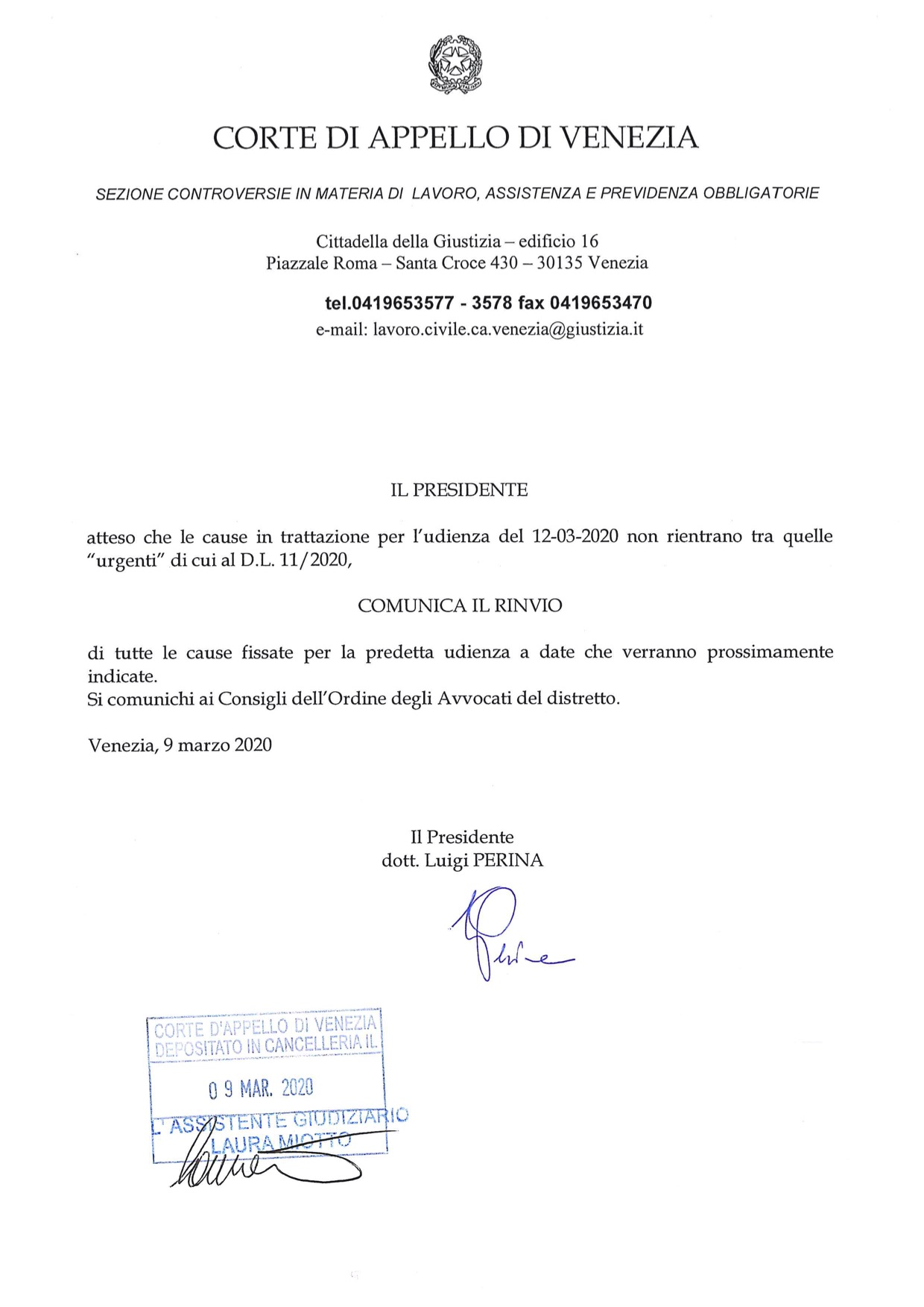 Comunicazione Presidente Sezione Lavoro Corte d'Appello di Venezia 9.03.2020